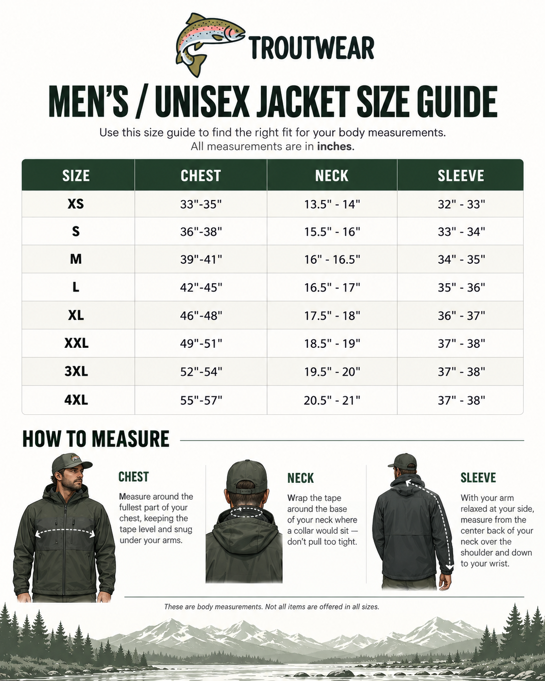 Troutwear size guide